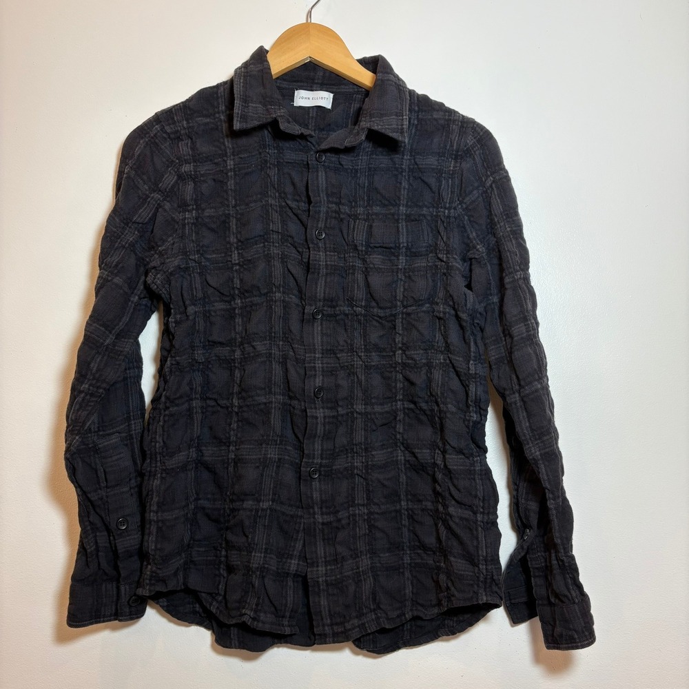 John Elliott Plaid Crinkled Button Down Shirt Men's Size 2 Small Charcoal Grey‎